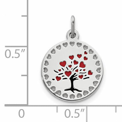Sterling Silver Polished Enameled Red Hearts Tree Circle Pendant