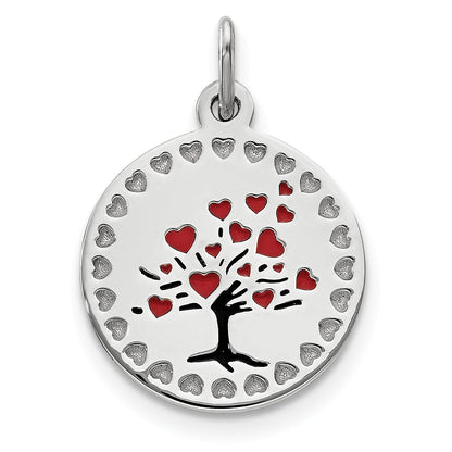 Sterling Silver Polished Enameled Red Hearts Tree Circle Pendant