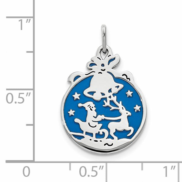 Sterling Silver Rhod-Pltd Blue Enamel Santa W/Reindeer Circle Pendant