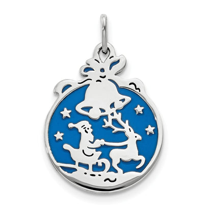 Sterling Silver Rhod-Pltd Blue Enamel Santa W/Reindeer Circle Pendant