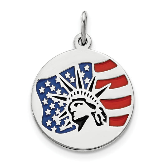 Sterling Silver Rhodium-Plated Enameled Statue Of Liberty W/Flag Charm