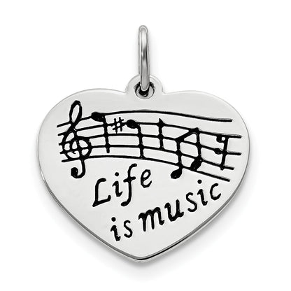 Sterling Silver Polished & Enameled Life Is Music Heart Pendant