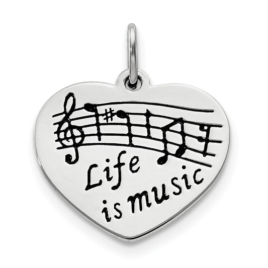 Sterling Silver Polished & Enameled Life Is Music Heart Pendant