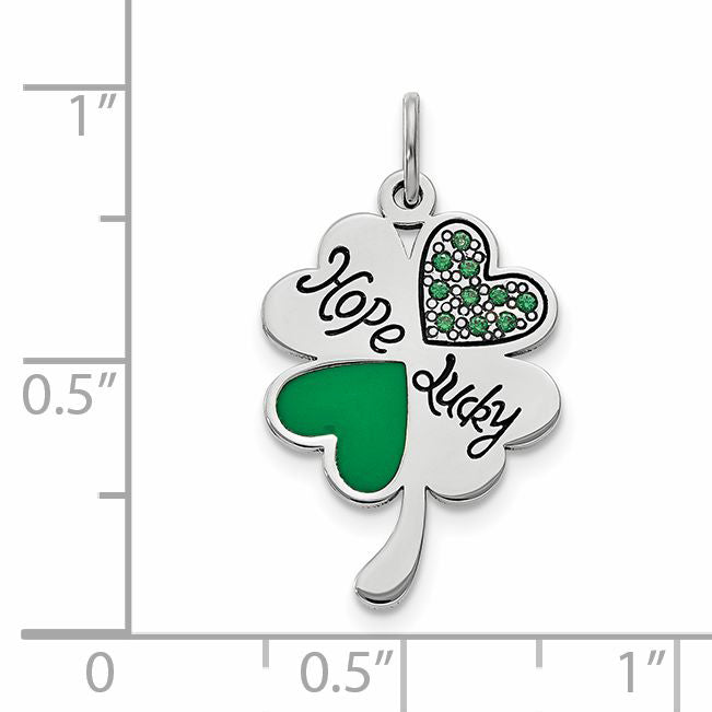 Sterling Silver Polish Enamel Hope Luck Swarovski Zirconia Clover Pendant
