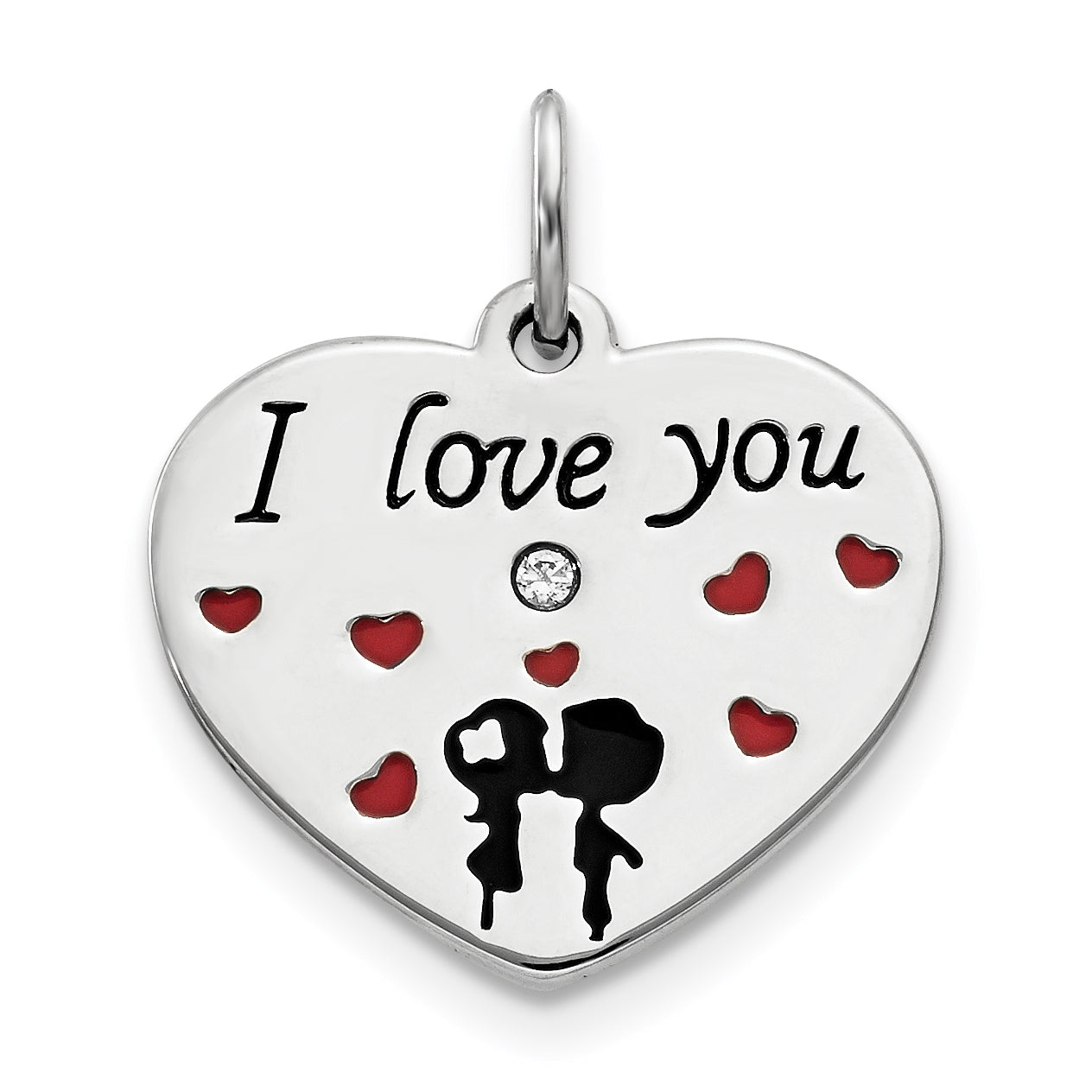 Sterling Silver Polish Enamel Swarovski Zirconia Kiss Couple Heart Charm