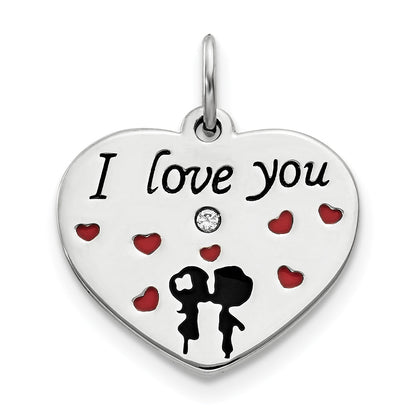 Sterling Silver Polish Enamel Swarovski Zirconia Kiss Couple Heart Charm