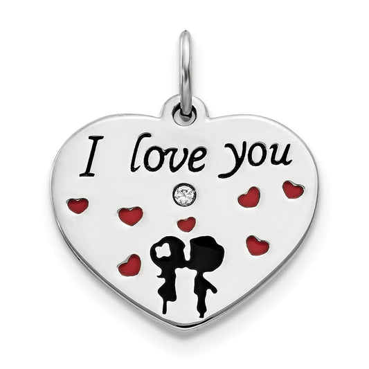 Sterling Silver Polish Enamel Swarovski Zirconia Kiss Couple Heart Charm