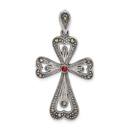 Sterling Silver Antiqued Marcasite And Garnet Cross Pendant
