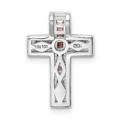 Sterling Silver Rhodium-Plated Pink & White Cz Cross Chain Slide