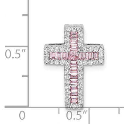 Sterling Silver Rhodium-Plated Pink & White Cz Cross Chain Slide