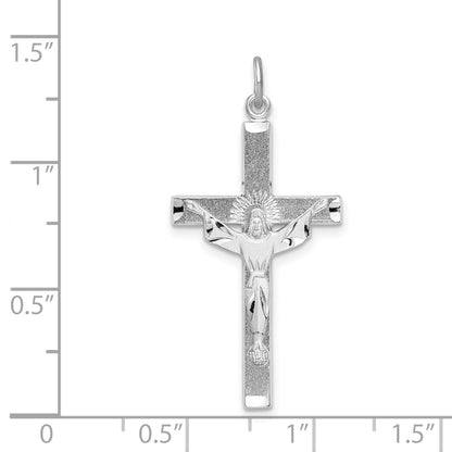 Sterling Silver Rhodium-Plated Textured Risen Chist Cross Pendant