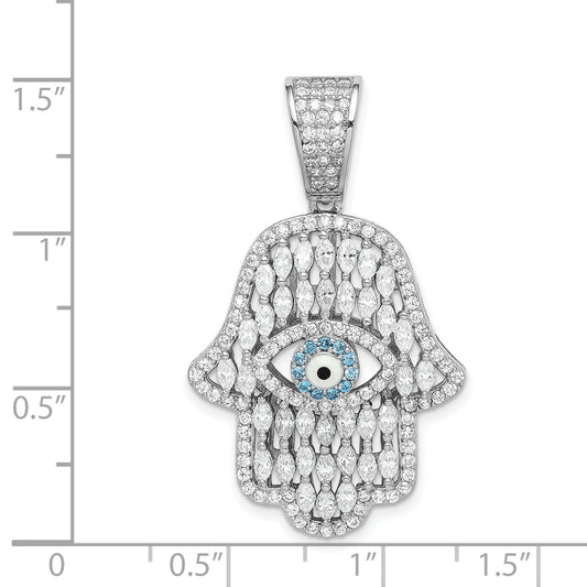 Sterling Silver Rhodium-Plated White & Blue Cz Hamsa Eye Pendant