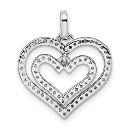 Sterling Silver Rhodium-Plated Cz Double Heart Pendant