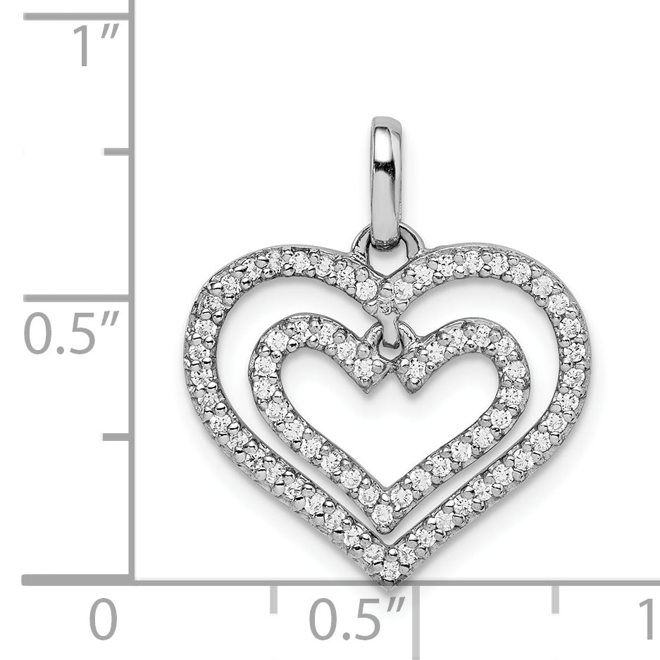 Sterling Silver Rhodium-Plated Cz Double Heart Pendant