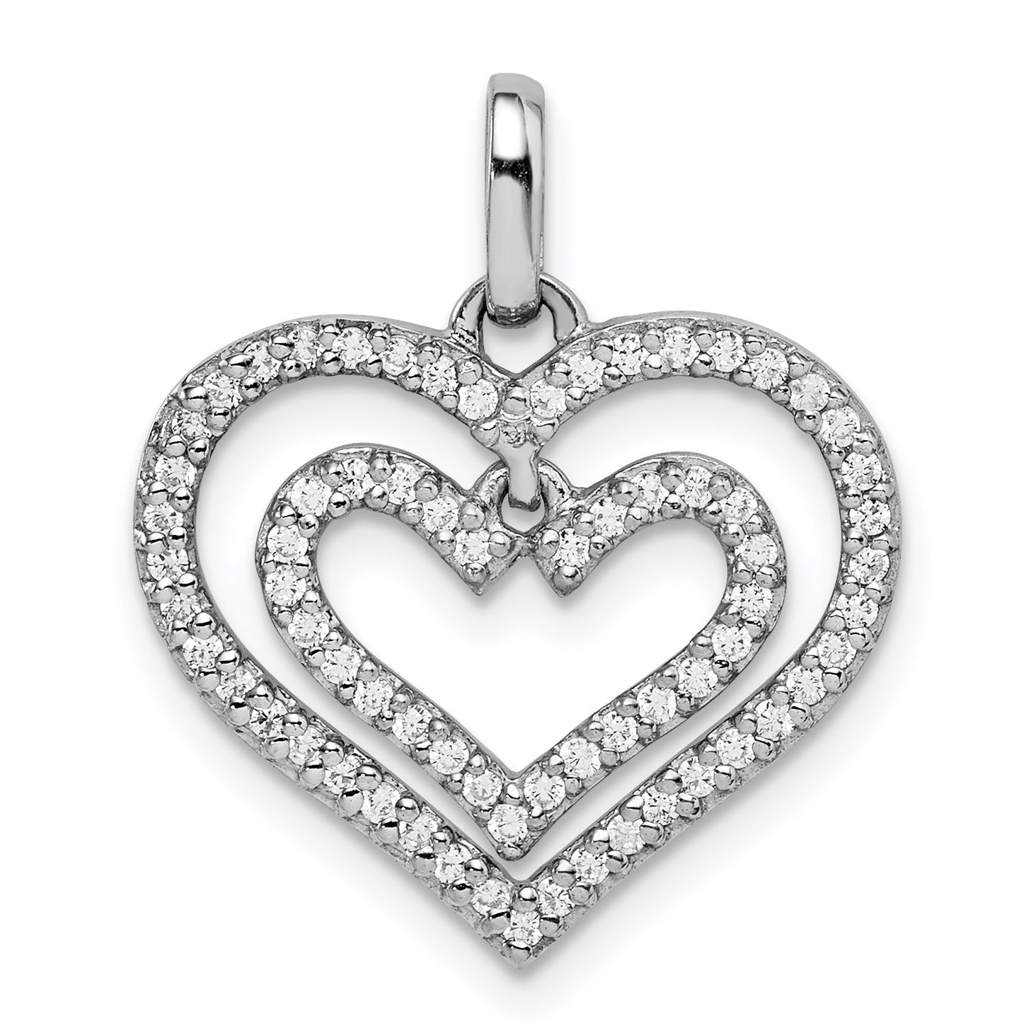 Sterling Silver Rhodium-Plated Cz Double Heart Pendant