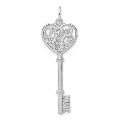 Sterling Silver Rhod Plated Cz Love Key Pendant