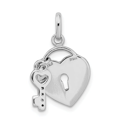 Sterling Silver Rhodium Plated Cz Glitter Infused Heart And Key Pendant