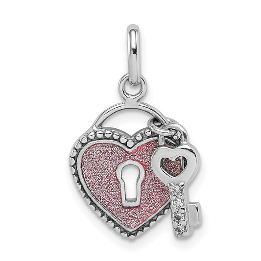 Sterling Silver Rhodium Plated Cz Glitter Infused Heart And Key Pendant