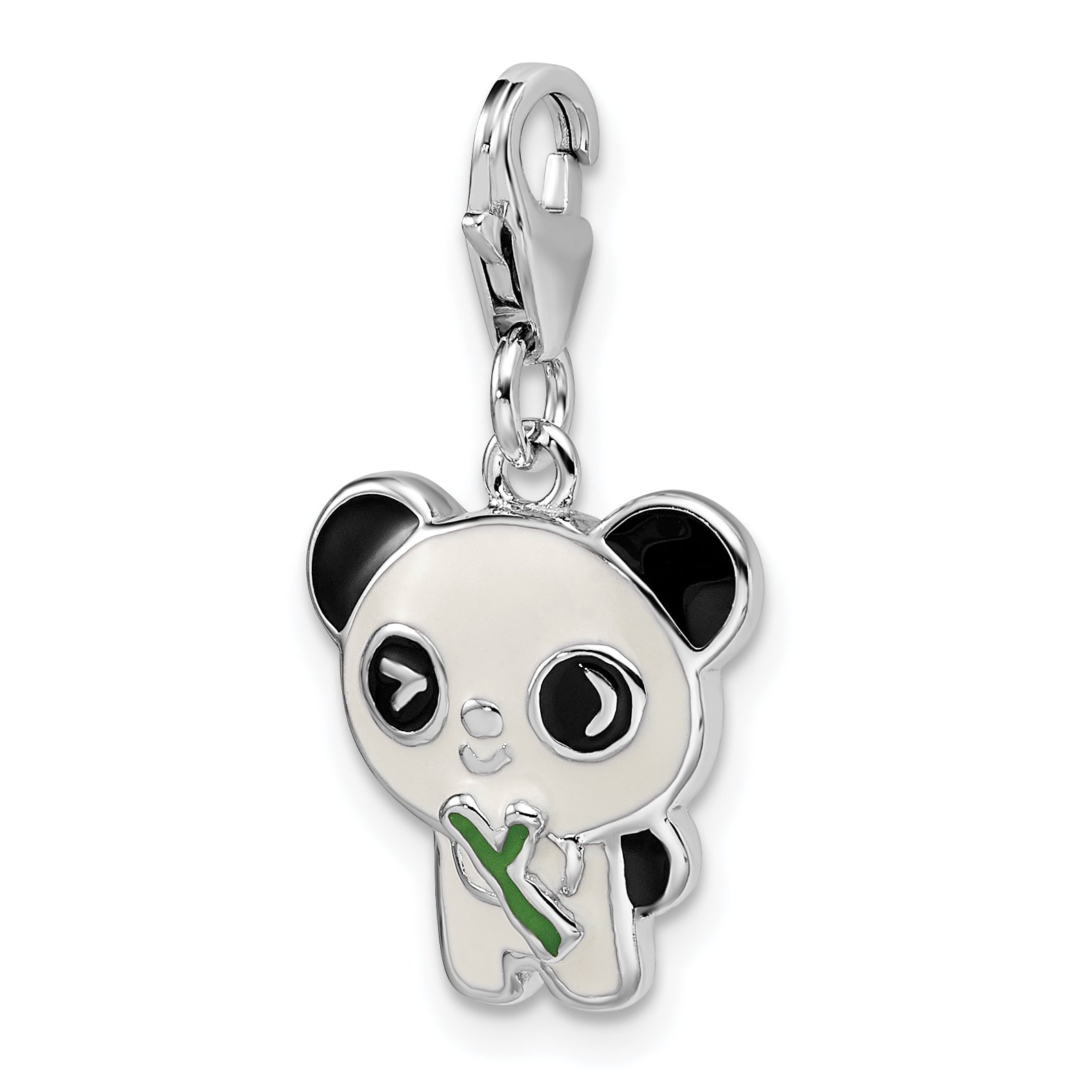 Sterling Silver Rhodium-Plated Enameled Panda W/Lobster Clasp Charm