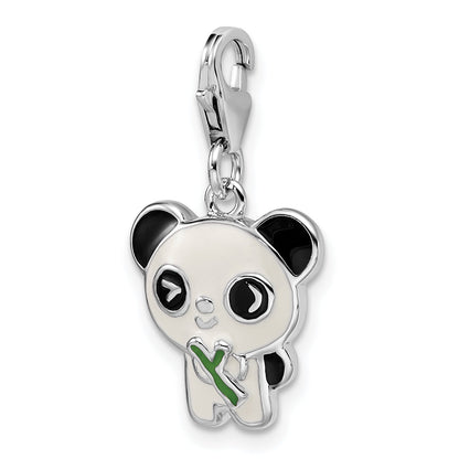Sterling Silver Rhodium-Plated Enameled Panda W/Lobster Clasp Charm
