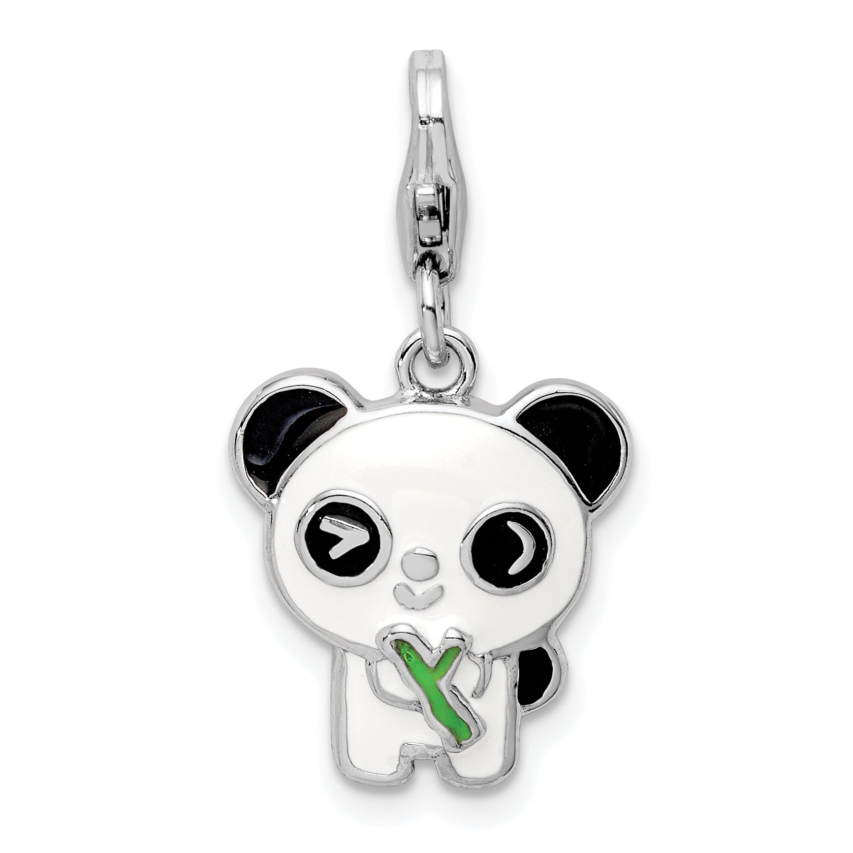 Sterling Silver Rhodium-Plated Enameled Panda W/Lobster Clasp Charm