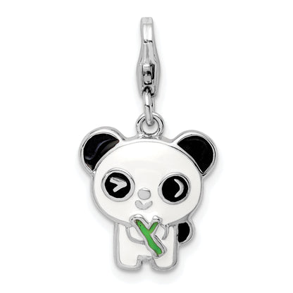 Sterling Silver Rhodium-Plated Enameled Panda W/Lobster Clasp Charm