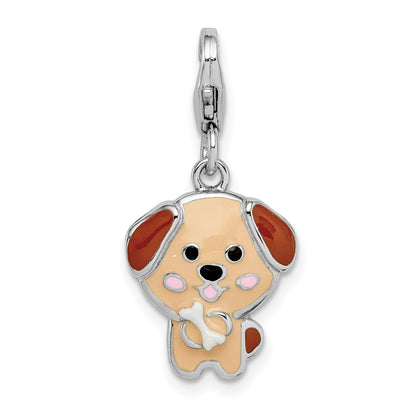 Sterling Silver Rhodium-Plated Enameled Puppy W/Lobster Clasp Charm