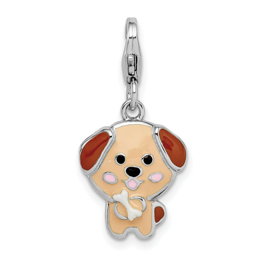 Sterling Silver Rhodium-Plated Enameled Puppy W/Lobster Clasp Charm