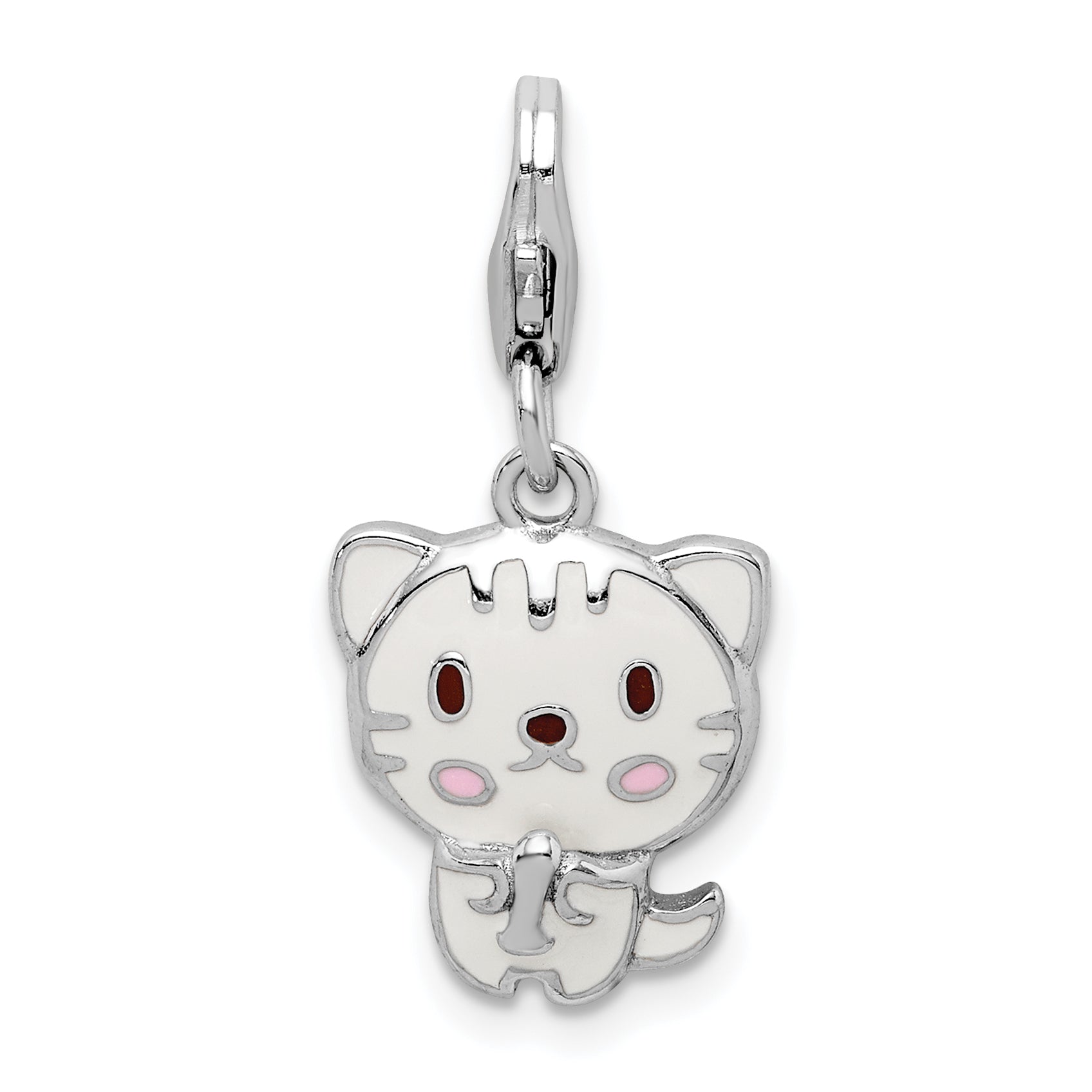Sterling Silver Rhodium-Plated Enameled Kitten W/Lobster Clasp Charm
