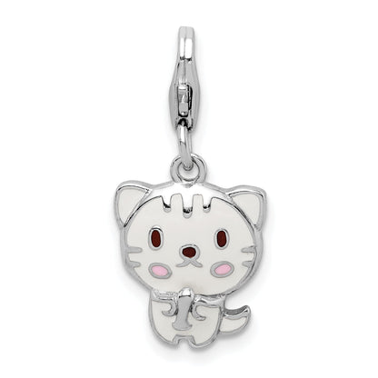 Sterling Silver Rhodium-Plated Enameled Kitten W/Lobster Clasp Charm