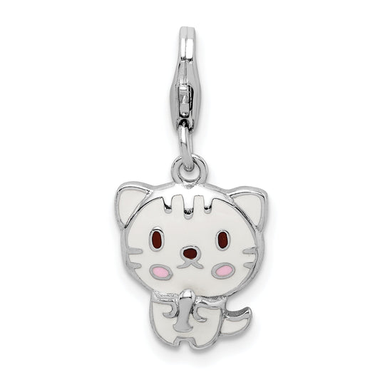 Sterling Silver Rhodium-Plated Enameled Kitten W/Lobster Clasp Charm