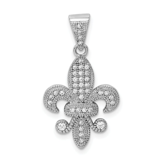 Sterling Silver Rhodium-Plated Polished Cz Fleur De Lis Pendant