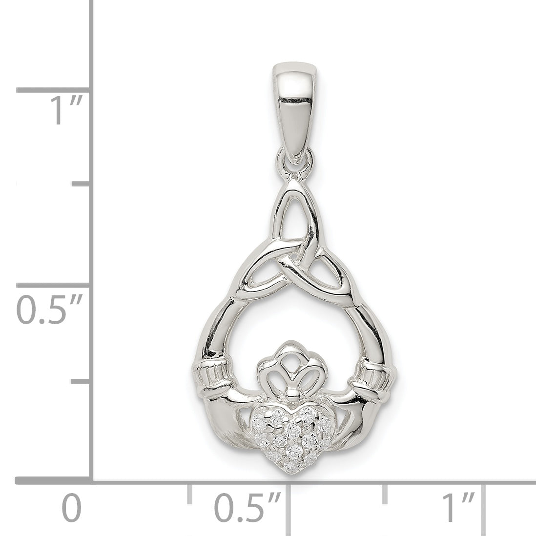 Sterling Silver Polished Cz Claddagh W/Trinity Knot Pendant