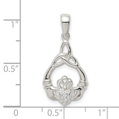 Sterling Silver Polished Cz Claddagh W/Trinity Knot Pendant