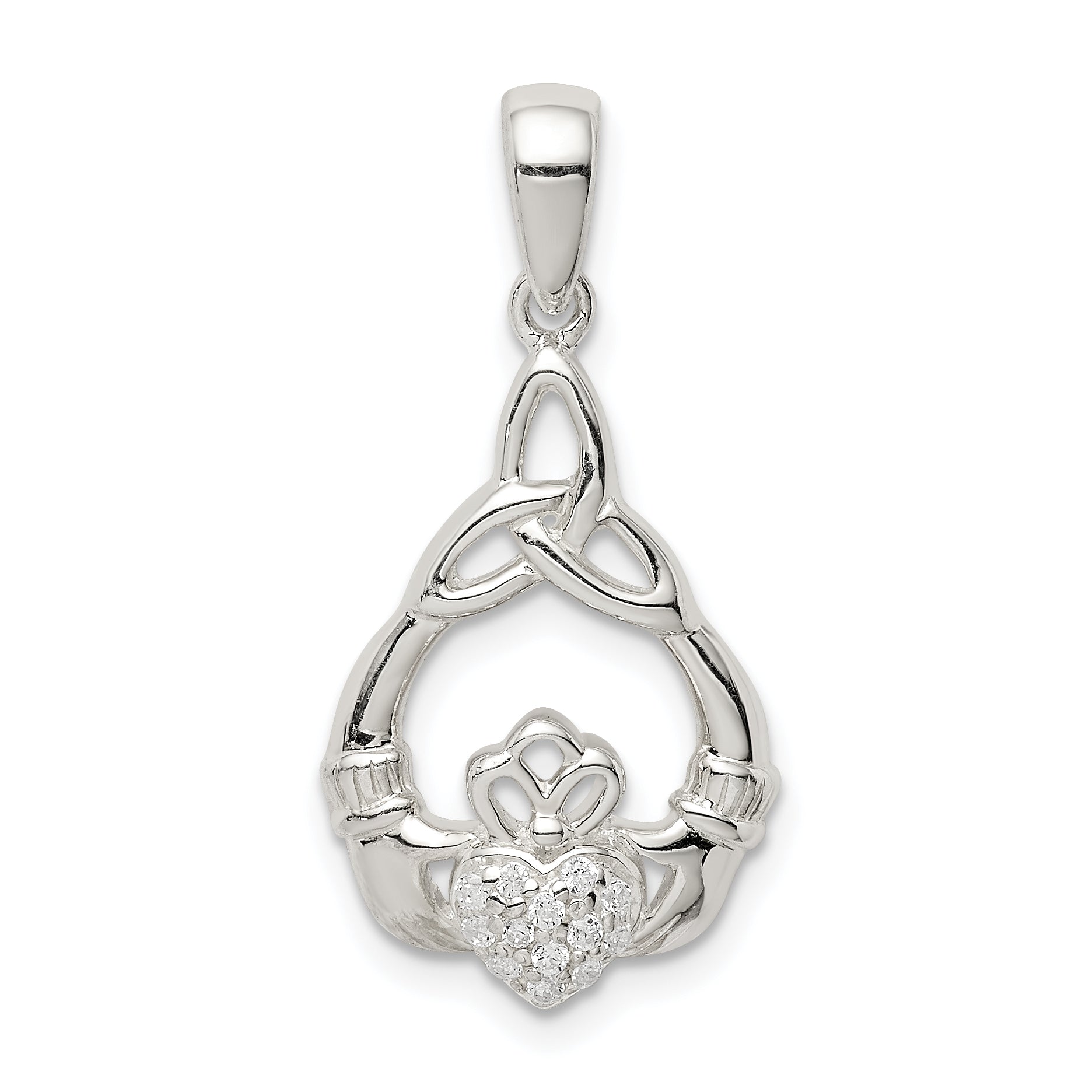 Sterling Silver Polished Cz Claddagh W/Trinity Knot Pendant