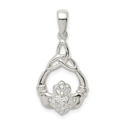 Sterling Silver Polished Cz Claddagh W/Trinity Knot Pendant