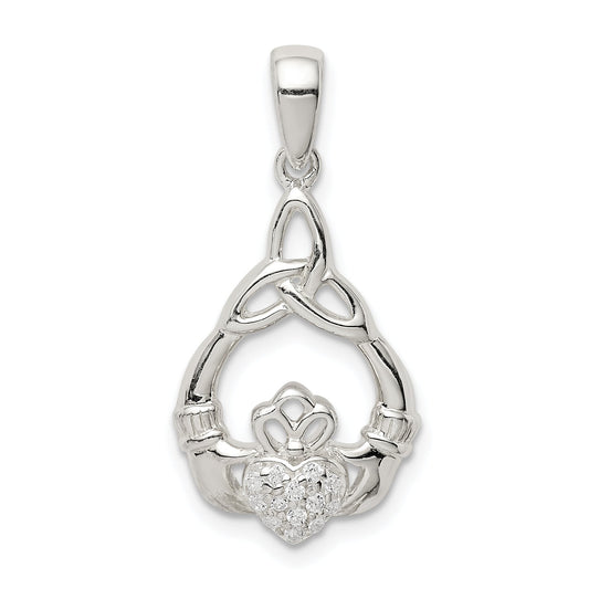 Sterling Silver Polished Cz Claddagh W/Trinity Knot Pendant