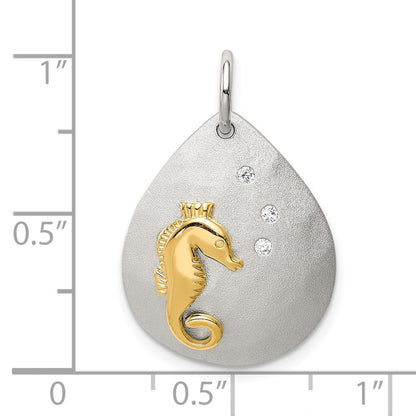 Sterling Silver Gold-Tone Cz Seahorse Brushed Pendant