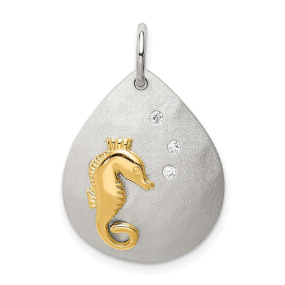 Sterling Silver Gold-Tone Cz Seahorse Brushed Pendant
