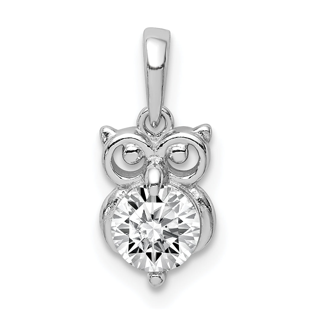 Sterling Silver Rhodium Plated Cz Owl Pendant