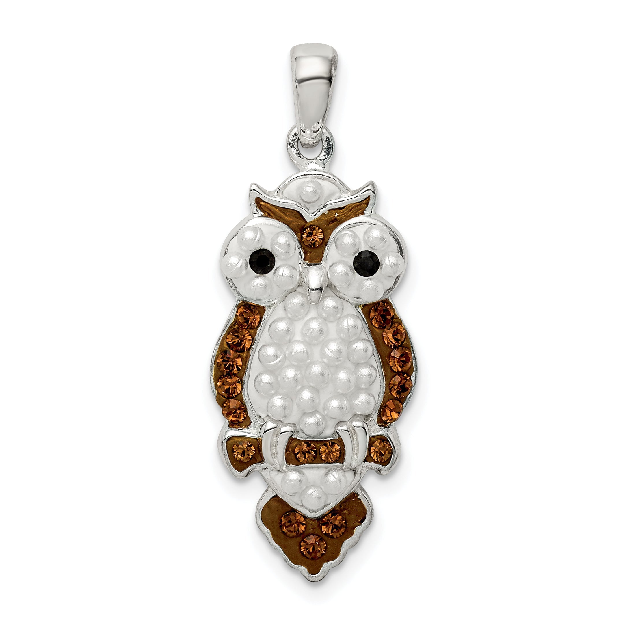 Sterling Silver Rhod-Pltd Imitation Pearl/Preciosa Crystal Owl Pendant