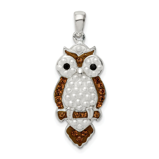 Sterling Silver Rhod-Pltd Imitation Pearl/Preciosa Crystal Owl Pendant