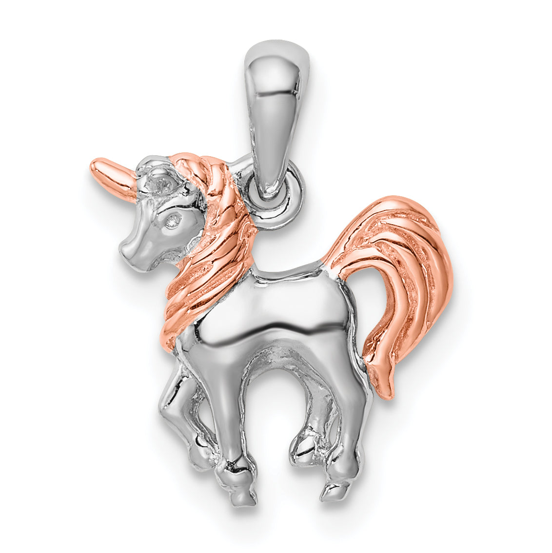 Sterling Silver Rhodium-Plated Rose Gold-Plated 3D Unicorn Pendant