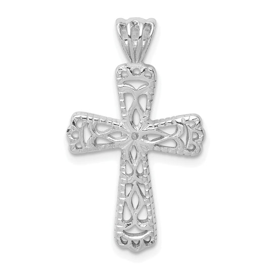 Sterling Silver Rhodium-Plated Filigree Textured Cross Pendant