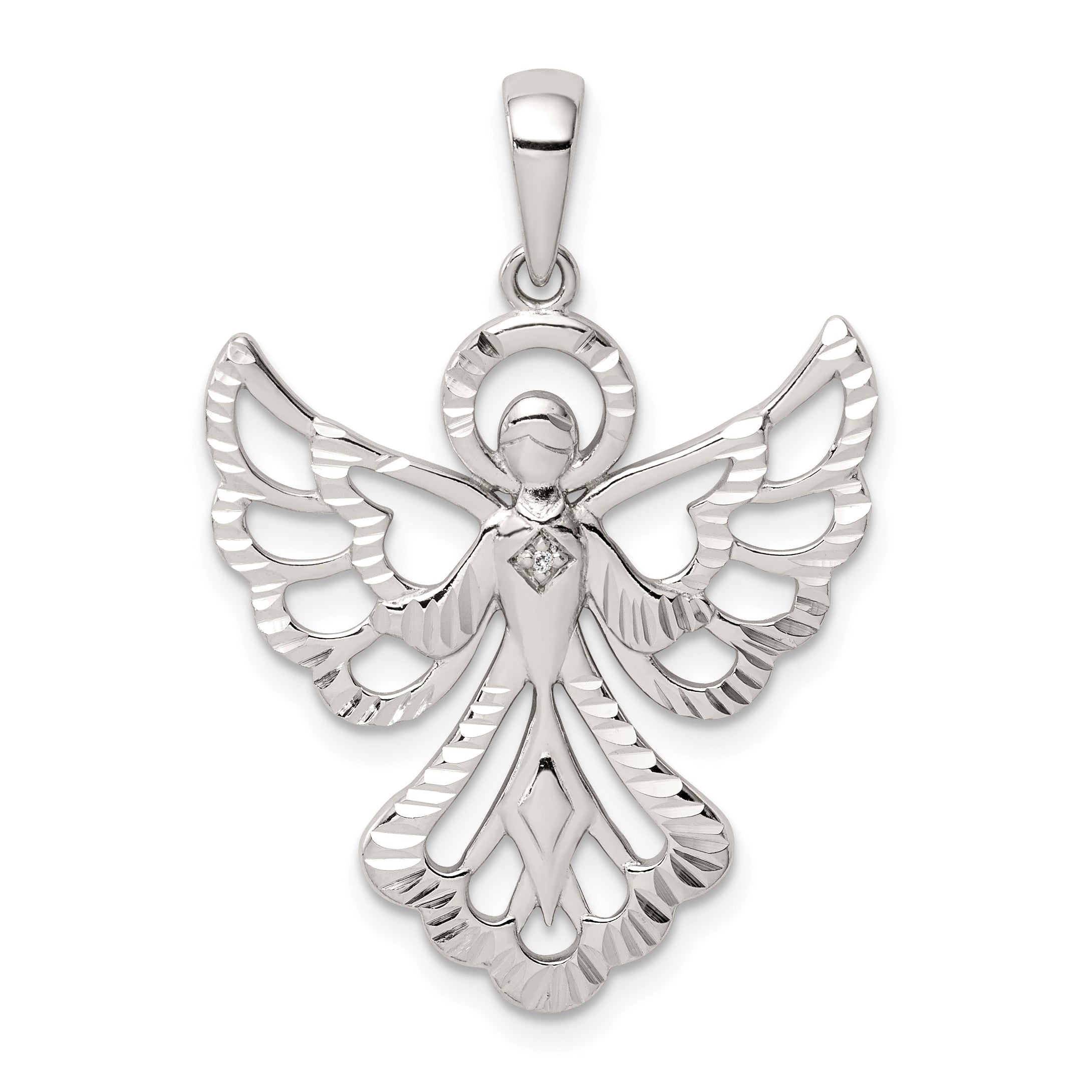 Sterling Silver Diamond & Diamond-Cut Angel Pendant