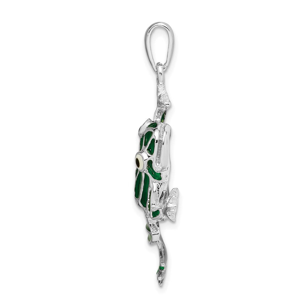 Sterling Silver De-Ani Rhodium-Plated Polished Enameled Green Frog Pendant