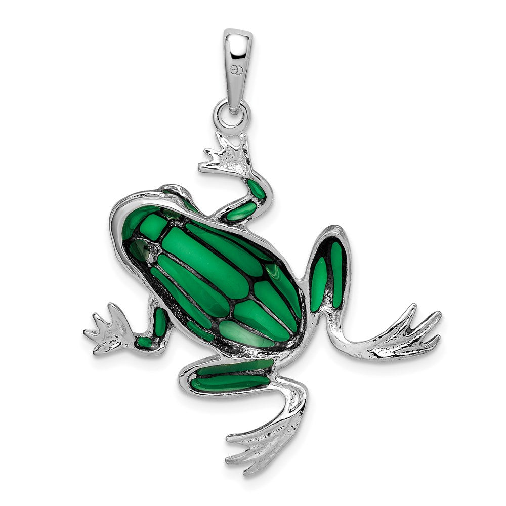 Sterling Silver De-Ani Rhodium-Plated Polished Enameled Green Frog Pendant