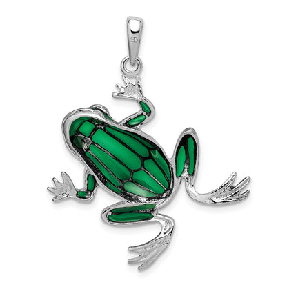 Sterling Silver De-Ani Rhodium-Plated Polished Enameled Green Frog Pendant