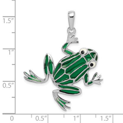 Sterling Silver De-Ani Rhodium-Plated Polished Enameled Green Frog Pendant