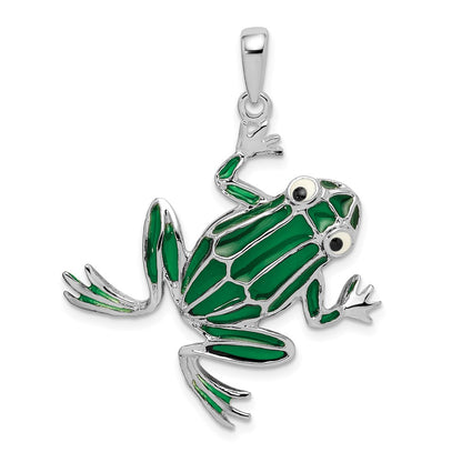 Sterling Silver De-Ani Rhodium-Plated Polished Enameled Green Frog Pendant